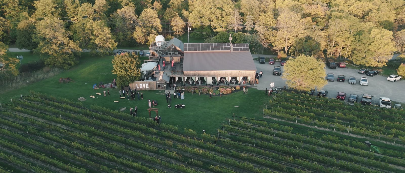 Aerial view of Calamus Estate Winery: the long wooden barn with a solar roof, guests seated on the ceremony lawn, and rows of vineyard running down the Niagara Escarpment behind it.